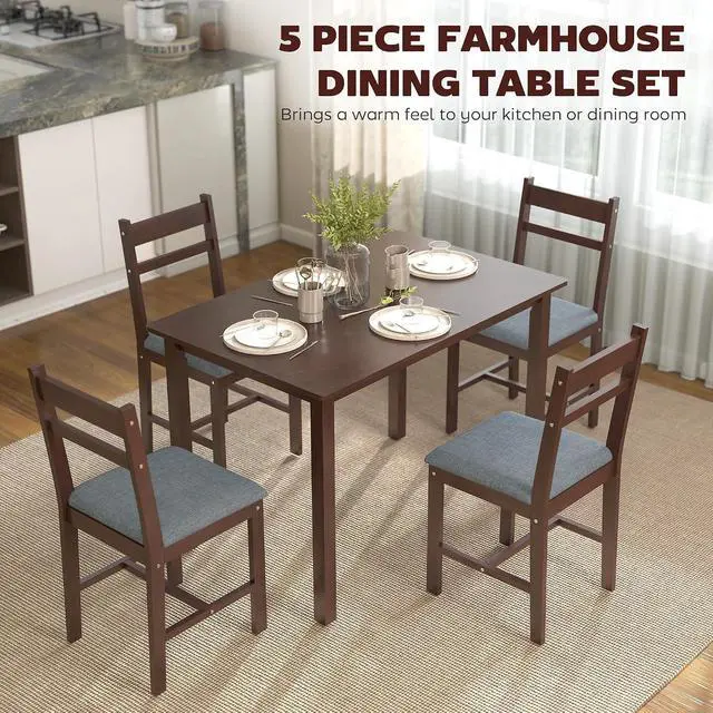 Alt view image 3 of 7 - 5-Piece Solid Wood Dining Table Set for 4, Walnut and Gray | Farmhouse Kitchen Table, Upholstered Chairs, Small Space, Dining Room, Breakfast Nook