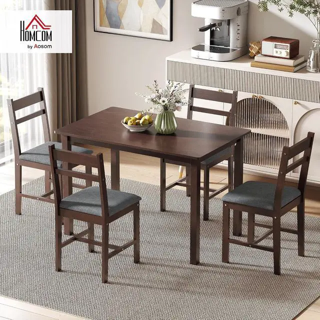Alt view image 2 of 7 - 5-Piece Solid Wood Dining Table Set for 4, Walnut and Gray | Farmhouse Kitchen Table, Upholstered Chairs, Small Space, Dining Room, Breakfast Nook
