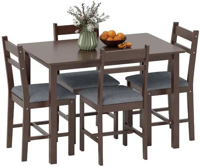 Main image of 5-Piece Solid Wood Dining Table Set for 4, Walnut and Gray | Farmhouse Kitchen Table, Upholstered Chairs, Small Space, Dining Room, Breakfast Nook