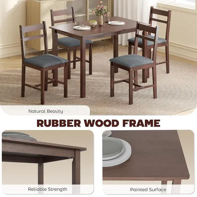 Alt view image 4 of 7 - 5-Piece Solid Wood Dining Table Set for 4, Walnut and Gray | Farmhouse Kitchen Table, Upholstered Chairs, Small Space, Dining Room, Breakfast Nook