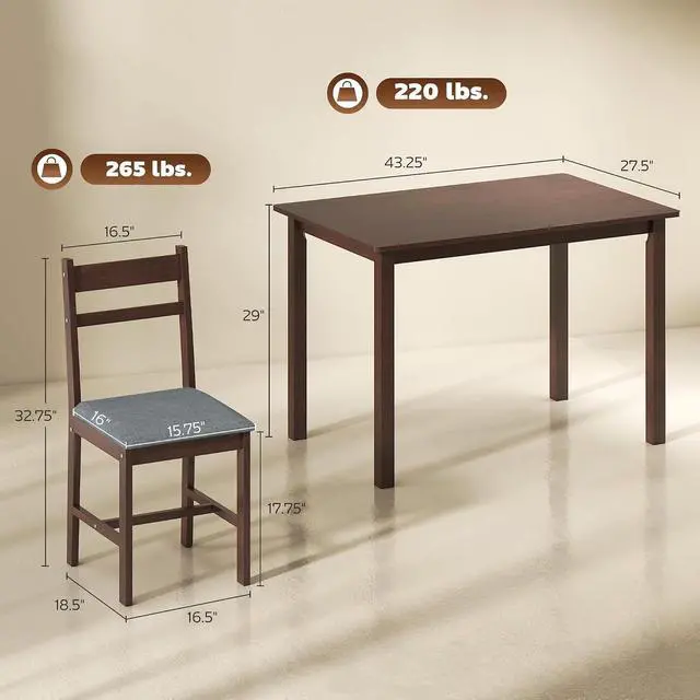 Alt view image 7 of 7 - 5-Piece Solid Wood Dining Table Set for 4, Walnut and Gray | Farmhouse Kitchen Table, Upholstered Chairs, Small Space, Dining Room, Breakfast Nook