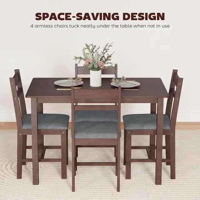 Alt view image 6 of 7 - 5-Piece Solid Wood Dining Table Set for 4, Walnut and Gray | Farmhouse Kitchen Table, Upholstered Chairs, Small Space, Dining Room, Breakfast Nook