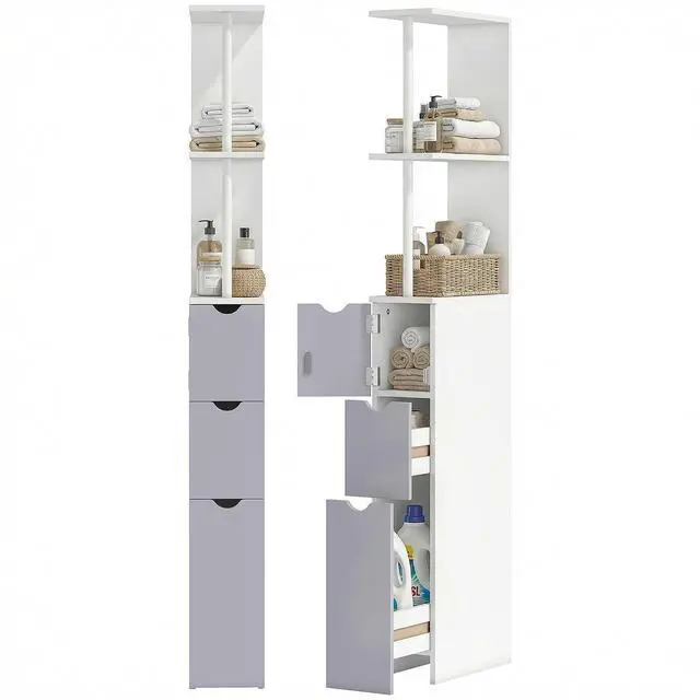 Main image of 54" Tall Bathroom Storage Cabinet, Freestanding, 2-Tier Shelf, White | Linen Tower, Drawers, Narrow Side Floor Organizer