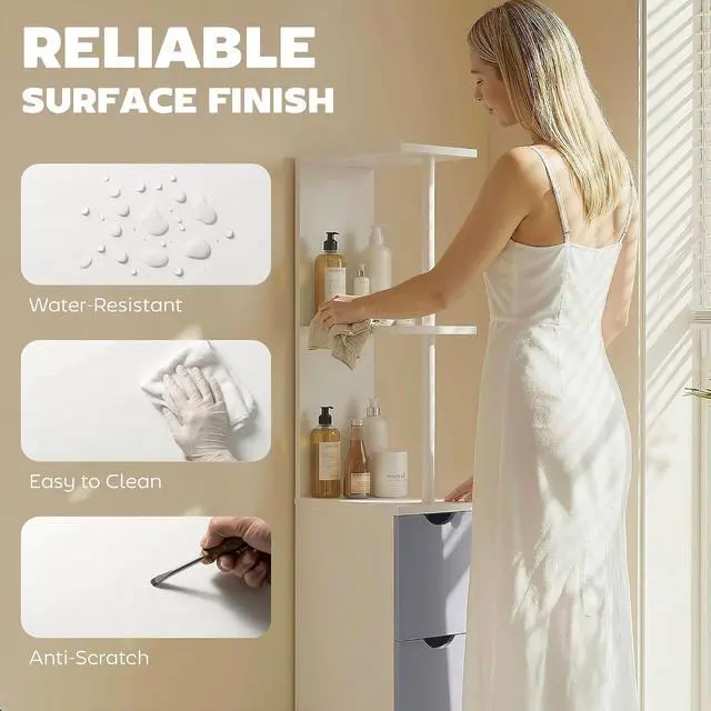 Alt view image 6 of 7 - 54" Tall Bathroom Storage Cabinet, Freestanding, 2-Tier Shelf, White | Linen Tower, Drawers, Narrow Side Floor Organizer