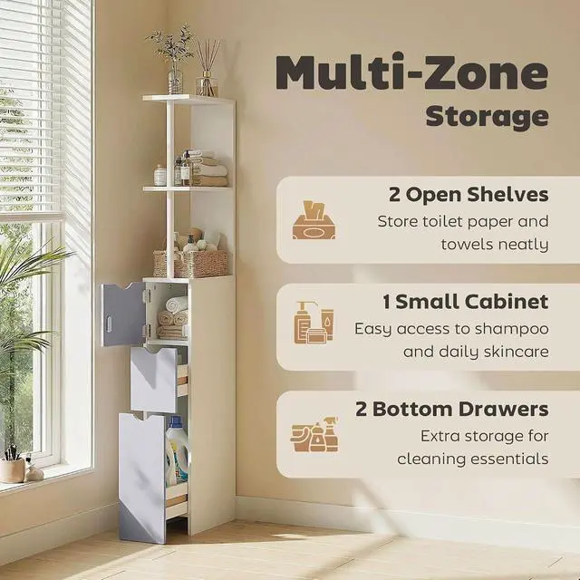 Alt view image 5 of 7 - 54" Tall Bathroom Storage Cabinet, Freestanding, 2-Tier Shelf, White | Linen Tower, Drawers, Narrow Side Floor Organizer