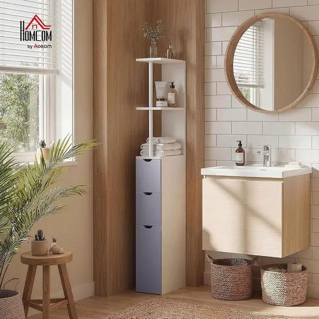 Alt view image 2 of 7 - 54" Tall Bathroom Storage Cabinet, Freestanding, 2-Tier Shelf, White | Linen Tower, Drawers, Narrow Side Floor Organizer