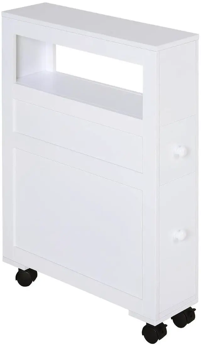Main image of Narrow Bathroom Side Storage Cabinet 6.25" x 20.5" x 28.25" White | Wood, Rolling, Slim Cabinet by Toilet