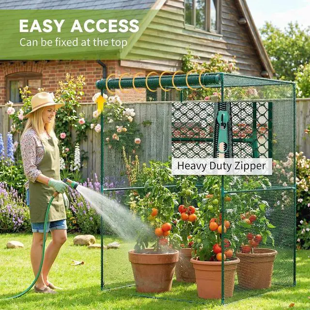 Alt view image 5 of 7 - 6' x 4' x 6' Crop Cage, Plant Protection Tent, Dark Green | Zippered Doors, for Vegetable Garden Backyard Outdoor Use