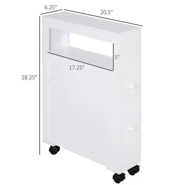 Alt view image 3 of 7 - Narrow Bathroom Side Storage Cabinet 6.25" x 20.5" x 28.25" White | Wood, Rolling, Slim Cabinet by Toilet