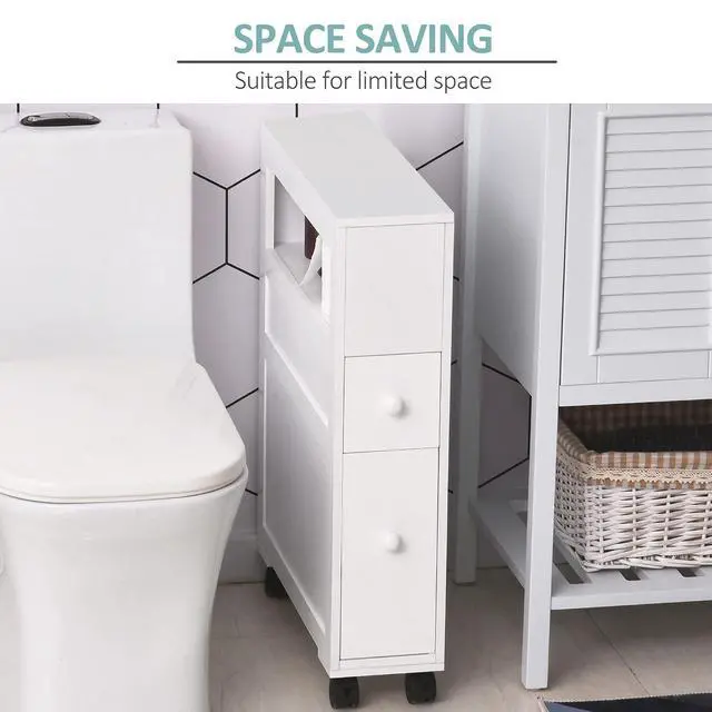Alt view image 5 of 7 - Narrow Bathroom Side Storage Cabinet 6.25" x 20.5" x 28.25" White | Wood, Rolling, Slim Cabinet by Toilet