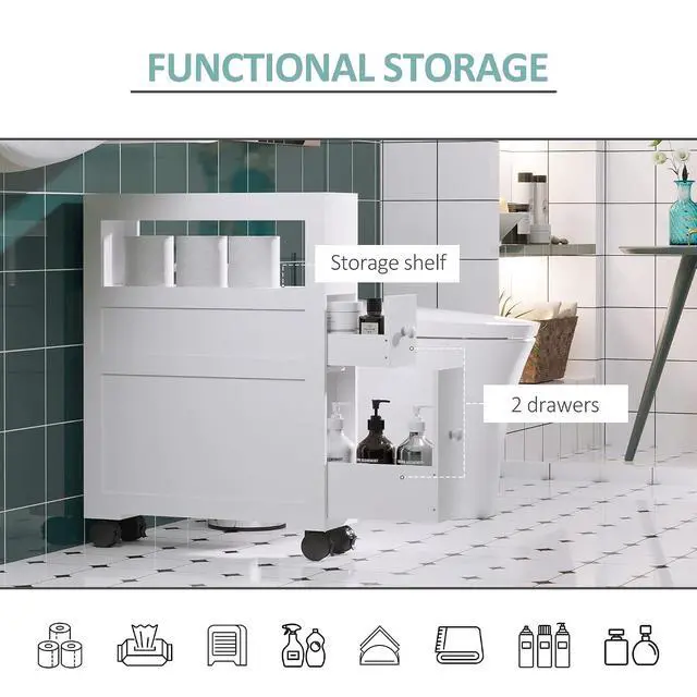 Alt view image 6 of 7 - Narrow Bathroom Side Storage Cabinet 6.25" x 20.5" x 28.25" White | Wood, Rolling, Slim Cabinet by Toilet