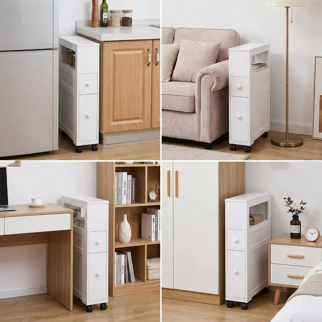Alt view image 7 of 7 - Narrow Bathroom Side Storage Cabinet 6.25" x 20.5" x 28.25" White | Wood, Rolling, Slim Cabinet by Toilet