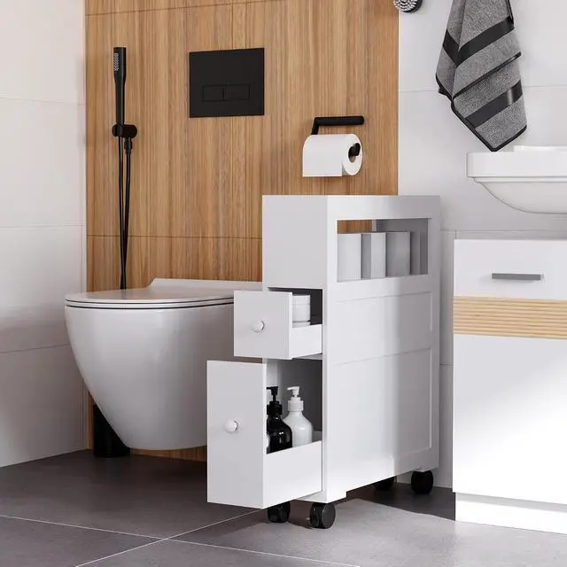 Alt view image 2 of 7 - Narrow Bathroom Side Storage Cabinet 6.25" x 20.5" x 28.25" White | Wood, Rolling, Slim Cabinet by Toilet