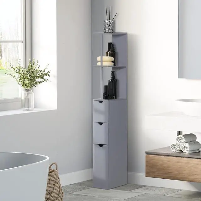 Alt view image 2 of 7 - 54" Tall Bathroom Storage Cabinet, Freestanding, 2-Tier Shelf, Grey | Linen Tower, Drawers, Narrow Side Floor Organizer