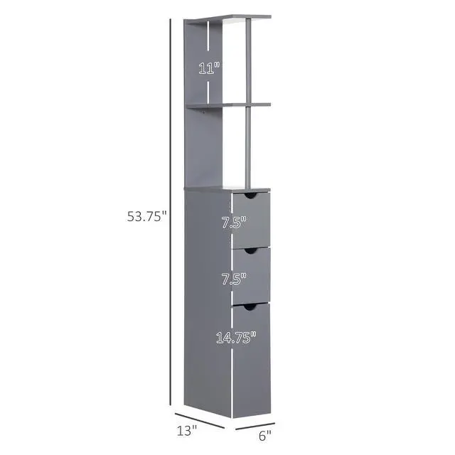 Alt view image 3 of 7 - 54" Tall Bathroom Storage Cabinet, Freestanding, 2-Tier Shelf, Grey | Linen Tower, Drawers, Narrow Side Floor Organizer