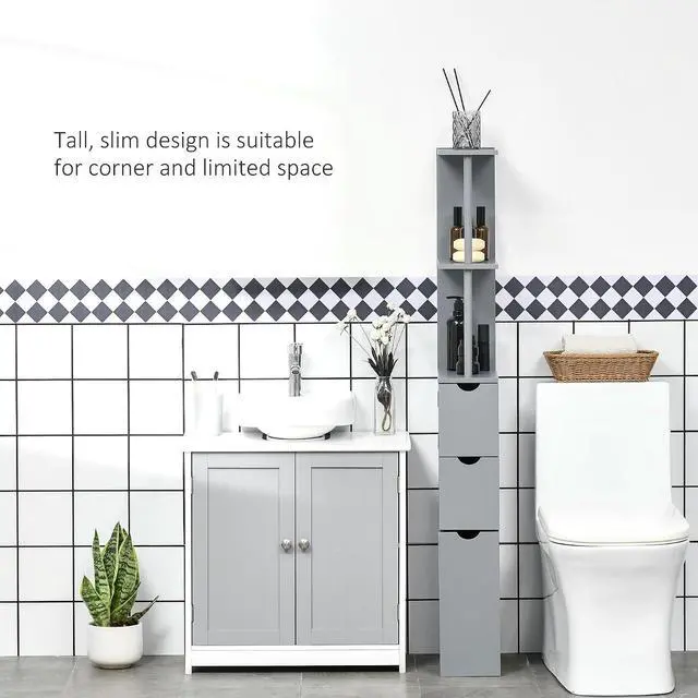 Alt view image 5 of 7 - 54" Tall Bathroom Storage Cabinet, Freestanding, 2-Tier Shelf, Grey | Linen Tower, Drawers, Narrow Side Floor Organizer