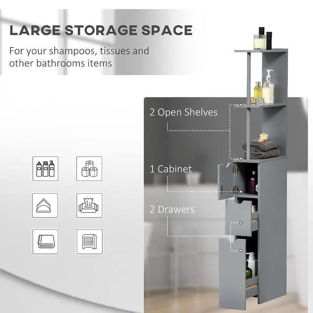 Alt view image 4 of 7 - 54" Tall Bathroom Storage Cabinet, Freestanding, 2-Tier Shelf, Grey | Linen Tower, Drawers, Narrow Side Floor Organizer