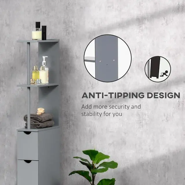Alt view image 6 of 7 - 54" Tall Bathroom Storage Cabinet, Freestanding, 2-Tier Shelf, Grey | Linen Tower, Drawers, Narrow Side Floor Organizer
