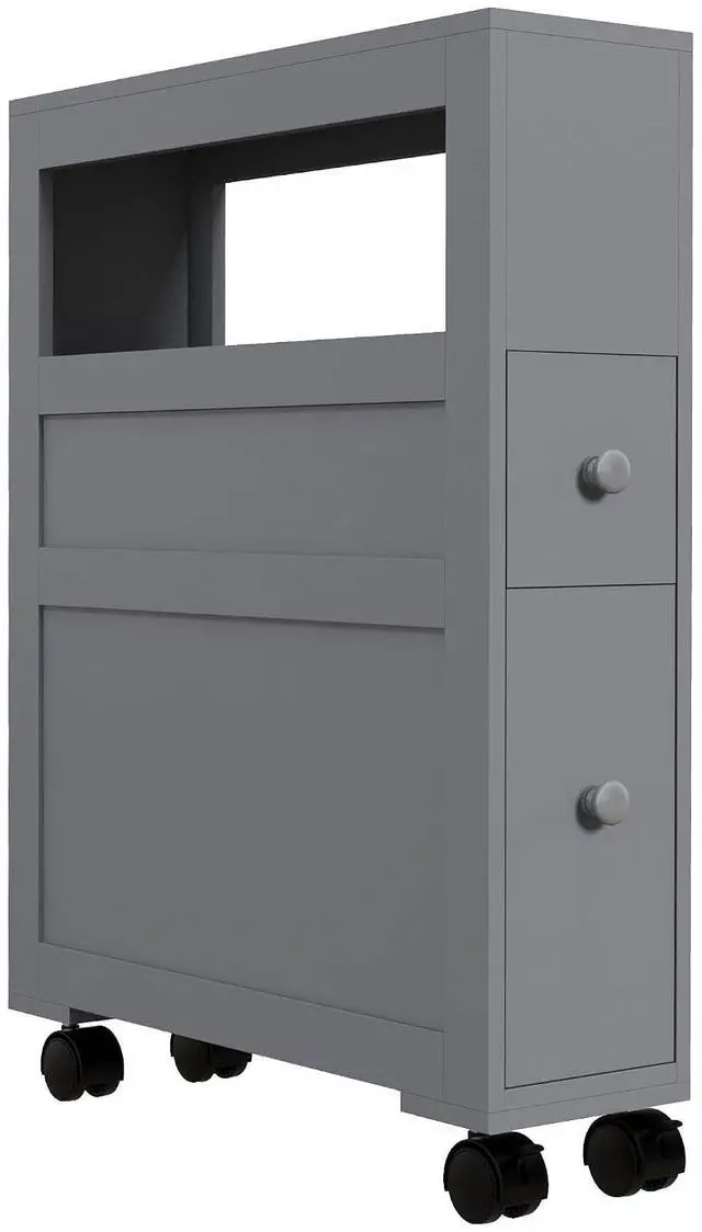 Main image of Narrow Bathroom Side Storage Cabinet 6.25" x 20.5" x 28.25" Gray | Wood, Rolling, Slim Cabinet by Toilet
