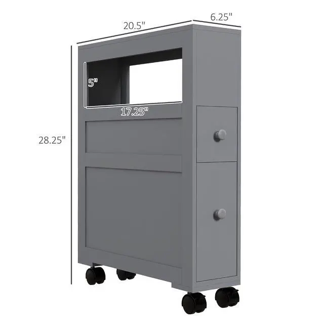 Alt view image 3 of 7 - Narrow Bathroom Side Storage Cabinet 6.25" x 20.5" x 28.25" Gray | Wood, Rolling, Slim Cabinet by Toilet