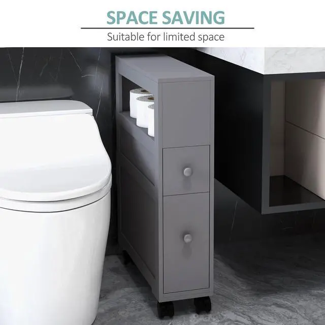 Alt view image 5 of 7 - Narrow Bathroom Side Storage Cabinet 6.25" x 20.5" x 28.25" Gray | Wood, Rolling, Slim Cabinet by Toilet