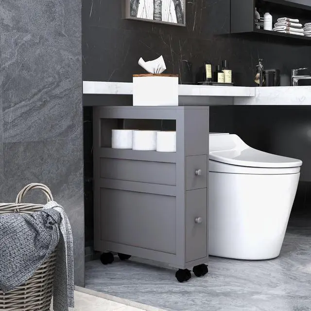 Alt view image 2 of 7 - Narrow Bathroom Side Storage Cabinet 6.25" x 20.5" x 28.25" Gray | Wood, Rolling, Slim Cabinet by Toilet