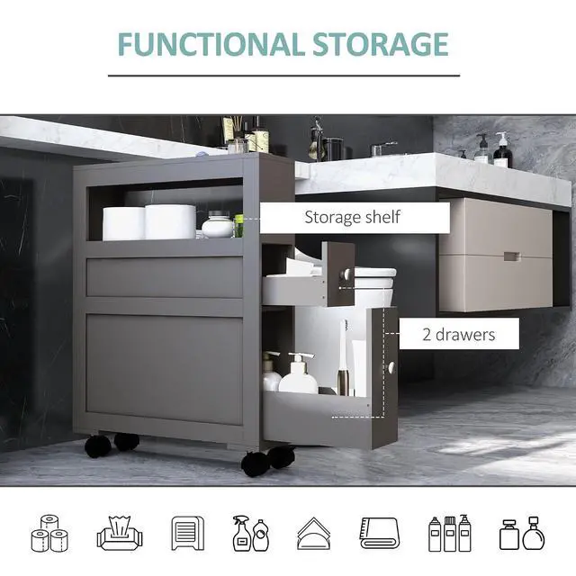 Alt view image 6 of 7 - Narrow Bathroom Side Storage Cabinet 6.25" x 20.5" x 28.25" Gray | Wood, Rolling, Slim Cabinet by Toilet