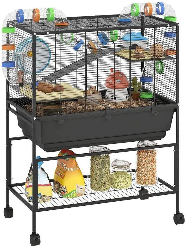 Main image of PawHut Large Hamster Cage with Deep Tray, 3 Tier for Syrian Gerbil Mouse | Rolling Rat Cage, Storage Shelf, Big Exercise Wheel, Tube System, Hut, Platforms, Ramps, Food Dish, Water Bottle