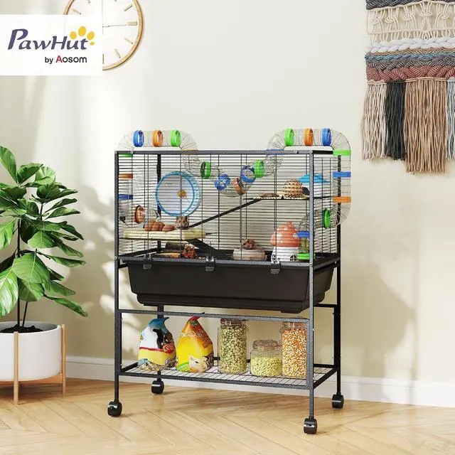 Alt view image 2 of 7 - PawHut Large Hamster Cage with Deep Tray, 3 Tier for Syrian Gerbil Mouse | Rolling Rat Cage, Storage Shelf, Big Exercise Wheel, Tube System, Hut, Platforms, Ramps, Food Dish, Water Bottle