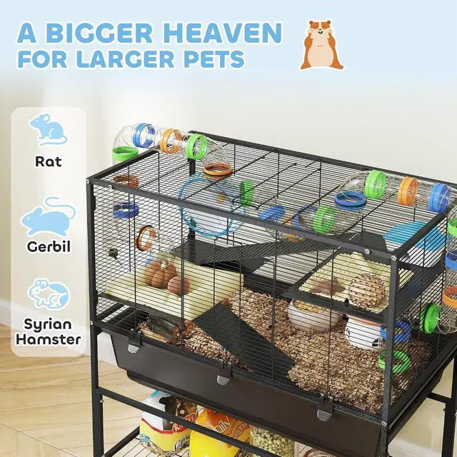 Alt view image 3 of 7 - PawHut Large Hamster Cage with Deep Tray, 3 Tier for Syrian Gerbil Mouse | Rolling Rat Cage, Storage Shelf, Big Exercise Wheel, Tube System, Hut, Platforms, Ramps, Food Dish, Water Bottle