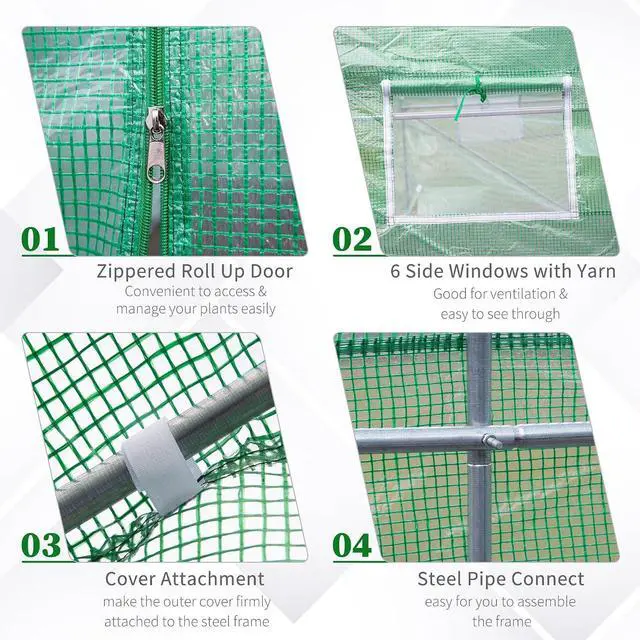Alt view image 4 of 7 - 11.5 x 10 x 6.5 ft Outdoor Walk-in Greenhouse Zippered Door Green | Tunnel Green House, Roll-up Windows, PE Cover, Heavy Duty Steel Frame, for Outdoors