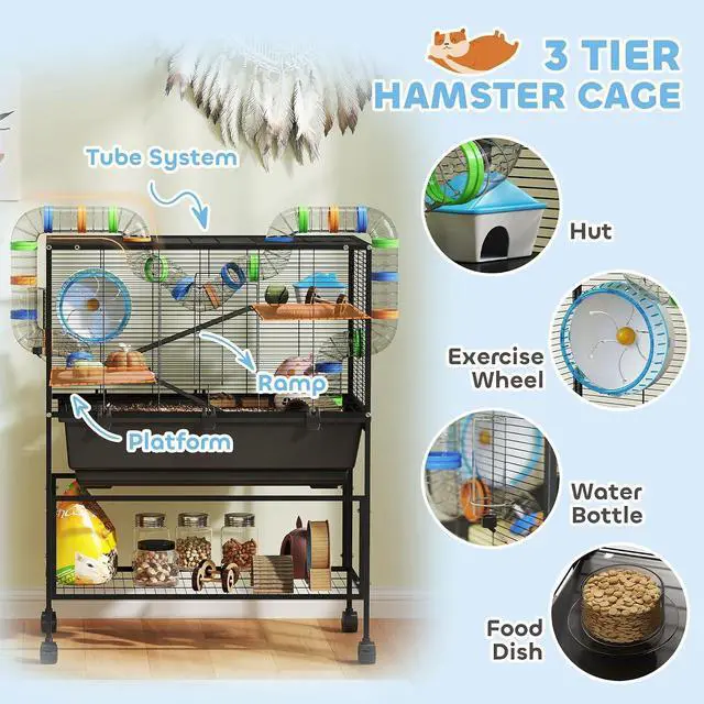 Alt view image 4 of 7 - PawHut Large Hamster Cage with Deep Tray, 3 Tier for Syrian Gerbil Mouse | Rolling Rat Cage, Storage Shelf, Big Exercise Wheel, Tube System, Hut, Platforms, Ramps, Food Dish, Water Bottle