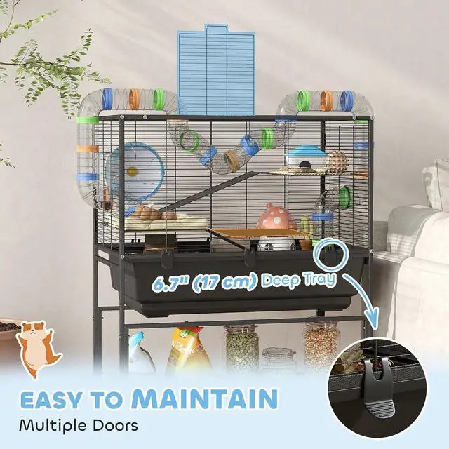 Alt view image 5 of 7 - PawHut Large Hamster Cage with Deep Tray, 3 Tier for Syrian Gerbil Mouse | Rolling Rat Cage, Storage Shelf, Big Exercise Wheel, Tube System, Hut, Platforms, Ramps, Food Dish, Water Bottle