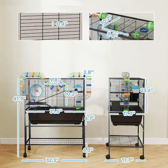 Alt view image 7 of 7 - PawHut Large Hamster Cage with Deep Tray, 3 Tier for Syrian Gerbil Mouse | Rolling Rat Cage, Storage Shelf, Big Exercise Wheel, Tube System, Hut, Platforms, Ramps, Food Dish, Water Bottle