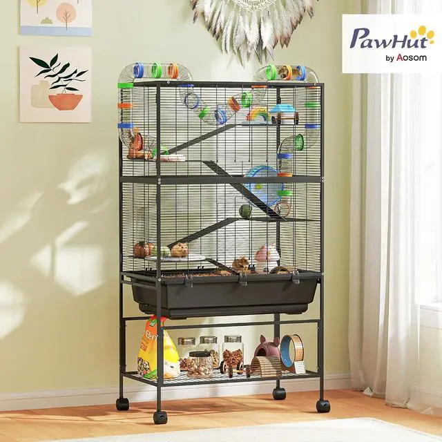 Alt view image 2 of 7 - PawHut Large Hamster Cage with Deep Tray, 5 Tier for Syrian Gerbil Mouse | Rolling Rat Cage, Storage Shelf, Big Exercise Wheel, Tube System, Hut, Platforms, Ramps, Food Dish, Water Bottle