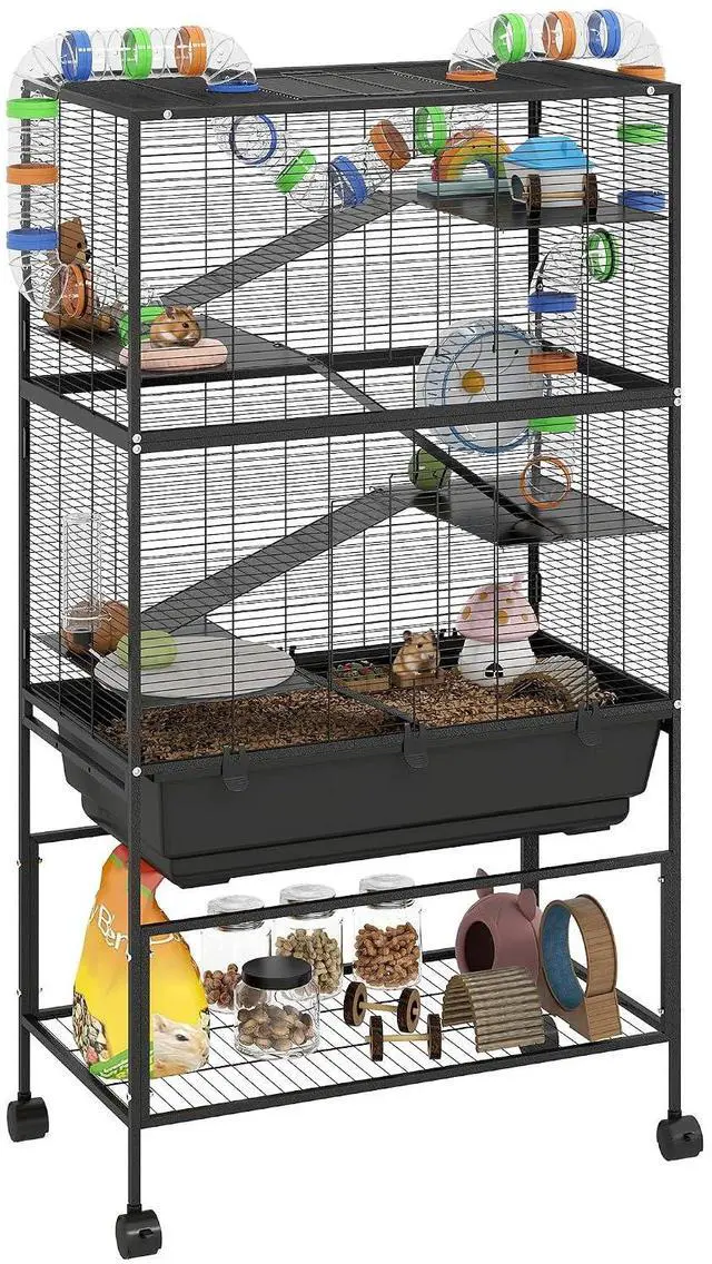 Main image of PawHut Large Hamster Cage with Deep Tray, 5 Tier for Syrian Gerbil Mouse | Rolling Rat Cage, Storage Shelf, Big Exercise Wheel, Tube System, Hut, Platforms, Ramps, Food Dish, Water Bottle