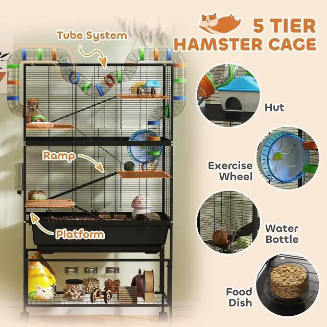 Alt view image 4 of 7 - PawHut Large Hamster Cage with Deep Tray, 5 Tier for Syrian Gerbil Mouse | Rolling Rat Cage, Storage Shelf, Big Exercise Wheel, Tube System, Hut, Platforms, Ramps, Food Dish, Water Bottle