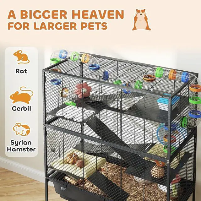 Alt view image 3 of 7 - PawHut Large Hamster Cage with Deep Tray, 5 Tier for Syrian Gerbil Mouse | Rolling Rat Cage, Storage Shelf, Big Exercise Wheel, Tube System, Hut, Platforms, Ramps, Food Dish, Water Bottle