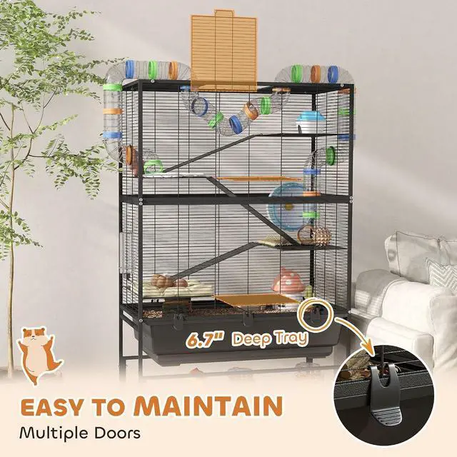 Alt view image 5 of 7 - PawHut Large Hamster Cage with Deep Tray, 5 Tier for Syrian Gerbil Mouse | Rolling Rat Cage, Storage Shelf, Big Exercise Wheel, Tube System, Hut, Platforms, Ramps, Food Dish, Water Bottle