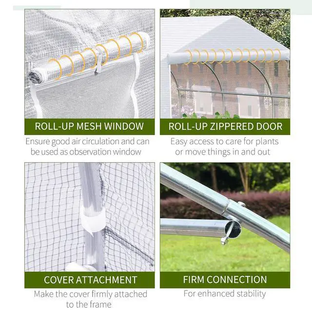 Alt view image 5 of 7 - 11.5 x 10 x 6.5 ft Outdoor Walk-in Greenhouse Zippered Door White | Tunnel Green House, Roll-up Windows, PE Cover, Heavy Duty Steel Frame, for Outdoors