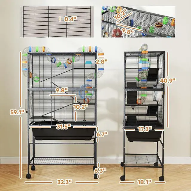 Alt view image 7 of 7 - PawHut Large Hamster Cage with Deep Tray, 5 Tier for Syrian Gerbil Mouse | Rolling Rat Cage, Storage Shelf, Big Exercise Wheel, Tube System, Hut, Platforms, Ramps, Food Dish, Water Bottle