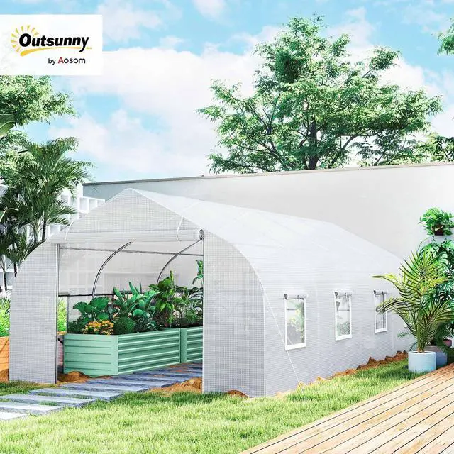 Alt view image 2 of 7 - 20 x 10 x 7 ft Outdoor Walk-in Greenhouse Zippered Door White | Tunnel Green House, Roll-up Windows, PE Cover, Heavy Duty Steel Frame, for Outdoors