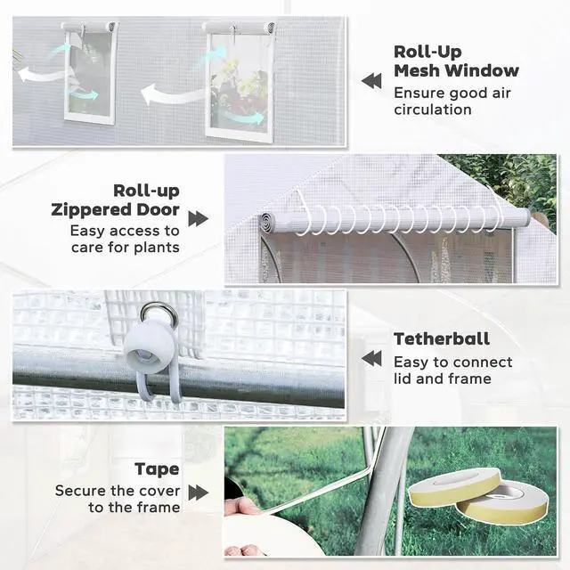 Alt view image 5 of 7 - 20 x 10 x 7 ft Outdoor Walk-in Greenhouse Zippered Door White | Tunnel Green House, Roll-up Windows, PE Cover, Heavy Duty Steel Frame, for Outdoors