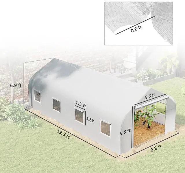 Alt view image 7 of 7 - 20 x 10 x 7 ft Outdoor Walk-in Greenhouse Zippered Door White | Tunnel Green House, Roll-up Windows, PE Cover, Heavy Duty Steel Frame, for Outdoors