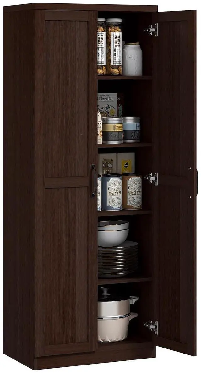 Main image of 63" 2-Door Kitchen Pantry 5-Tier Cinnamon Cherry Wood Grain | Freestanding Storage Cabinet, Shelving, 2 Adjustable Shelves, for Dining Room