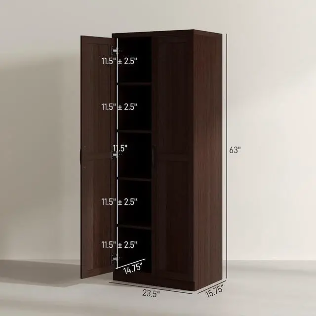 Alt view image 3 of 7 - 63" 2-Door Kitchen Pantry 5-Tier Cinnamon Cherry Wood Grain | Freestanding Storage Cabinet, Shelving, 2 Adjustable Shelves, for Dining Room