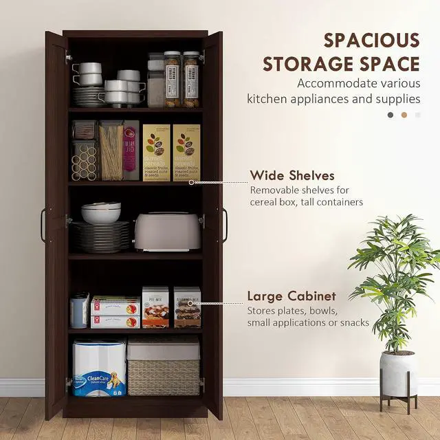 Alt view image 4 of 7 - 63" 2-Door Kitchen Pantry 5-Tier Cinnamon Cherry Wood Grain | Freestanding Storage Cabinet, Shelving, 2 Adjustable Shelves, for Dining Room
