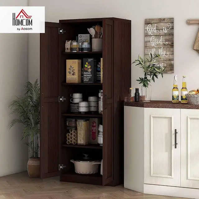 Alt view image 2 of 7 - 63" 2-Door Kitchen Pantry 5-Tier Cinnamon Cherry Wood Grain | Freestanding Storage Cabinet, Shelving, 2 Adjustable Shelves, for Dining Room