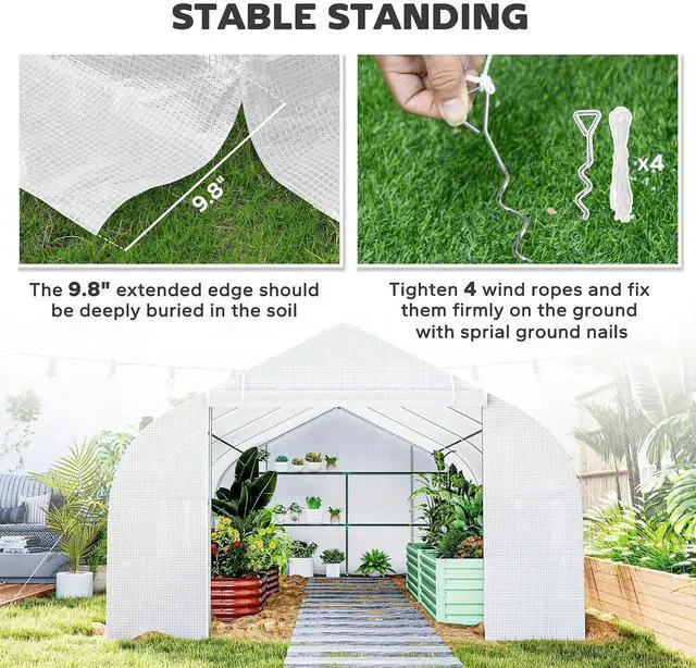 Alt view image 4 of 7 - 20 x 10 x 7 ft Outdoor Walk-in Greenhouse Zippered Door White | Tunnel Green House, Roll-up Windows, PE Cover, Heavy Duty Steel Frame, for Outdoors