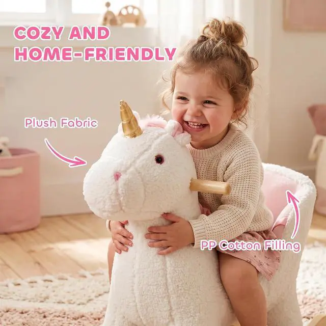 Alt view image 4 of 7 - Qaba Unicorn Baby Rocking Horse with Realistic Sound for 12-36 Months White | Kids Ride on Toy, Plush Animal Rocker, for Toddlers